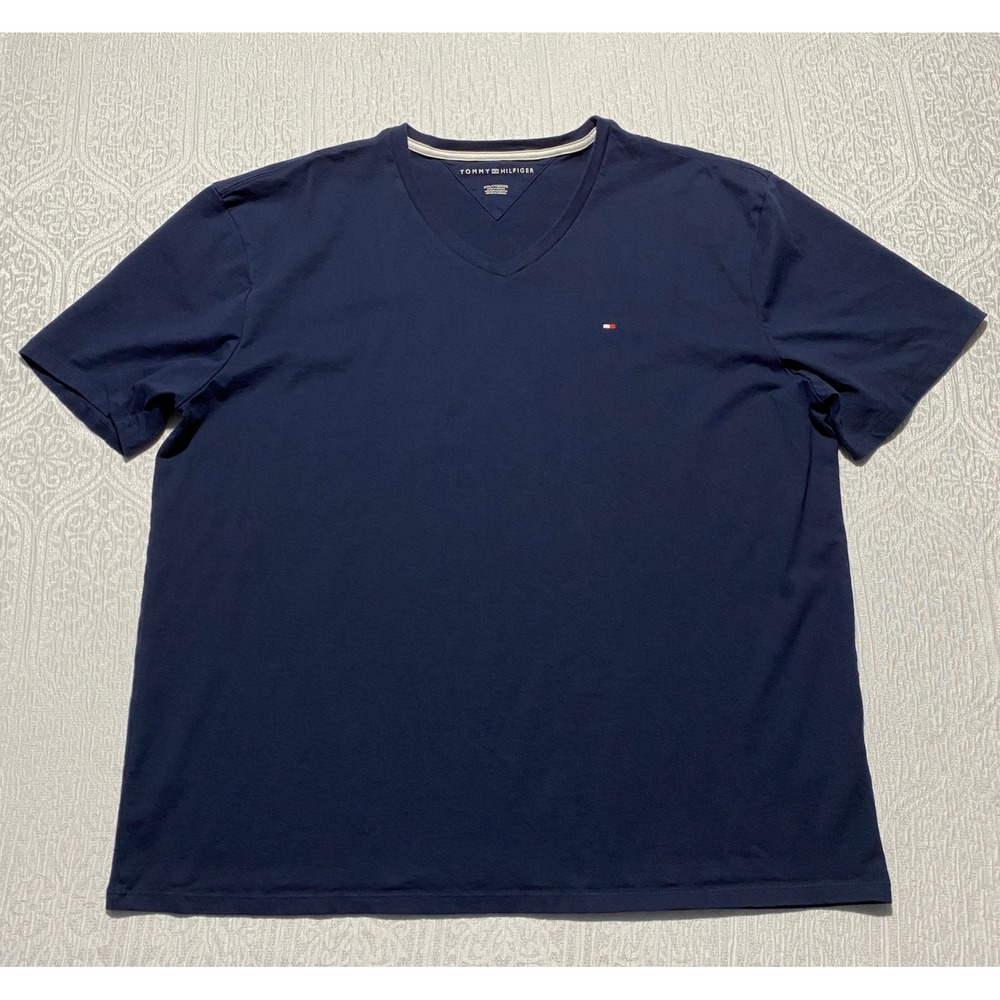 Tommy Hilfiger Mens XXL Navy Blue V-Neck Short Sleeve Cotton T-Shirt Logo